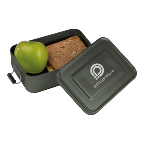 Anthracite aluminum lunch box with lid and closure.