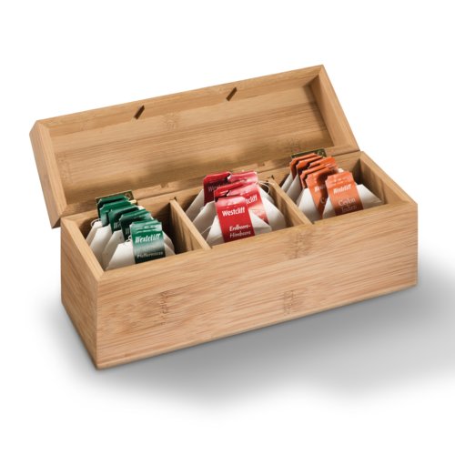 Wooden tea box with lid and compartments.