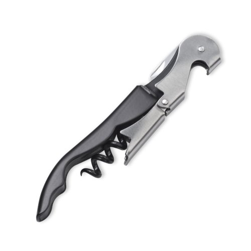 Black metal waiter's knife with bottle opener and corkscrew.