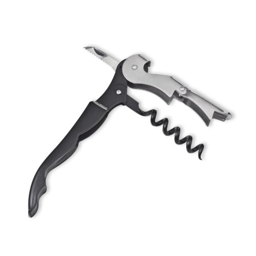 Black metal waiter's knife with corkscrew, bottle opener and foil cutter.