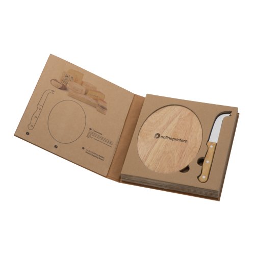 Wooden cheese board with knife and round shape.