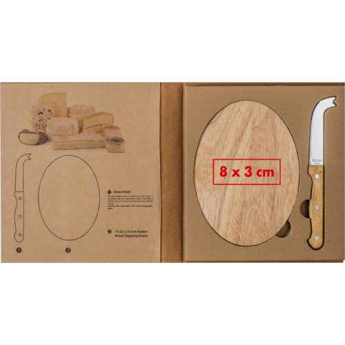 Wooden cheese board with cheese knife.