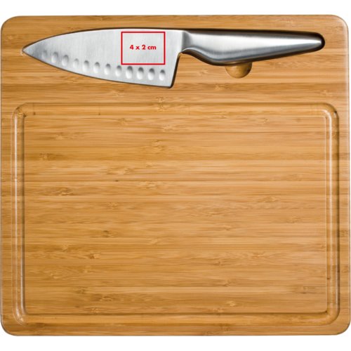 Wooden cutting board with knife.