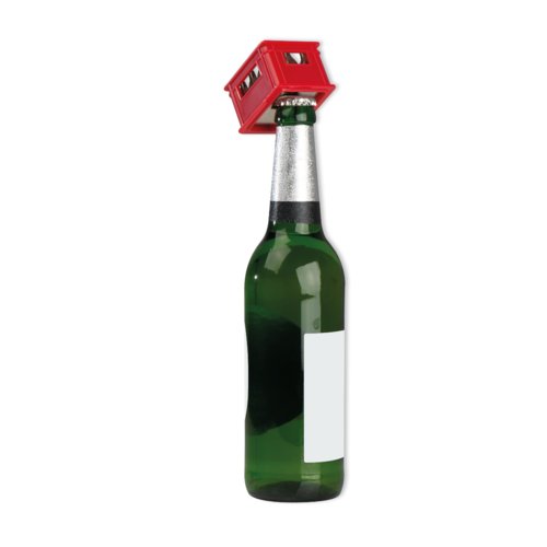 Red plastic bottle opener in crate shape.
