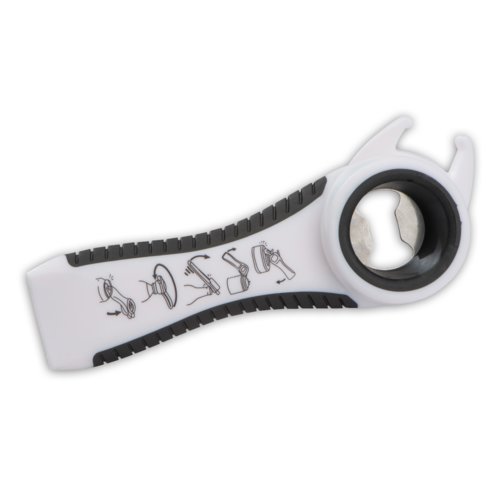 White plastic multi-opener with various opening functions.
