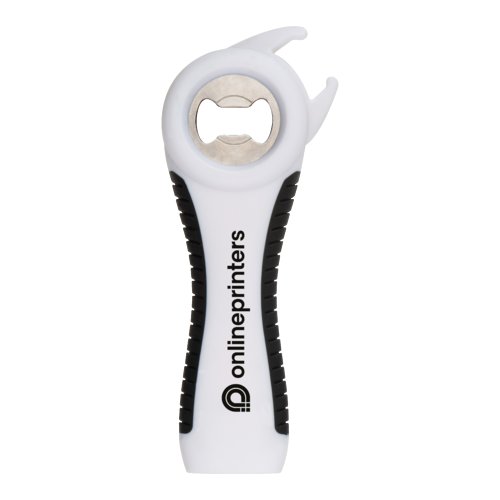 White plastic multi-opener with metal insert and non-slip handle.