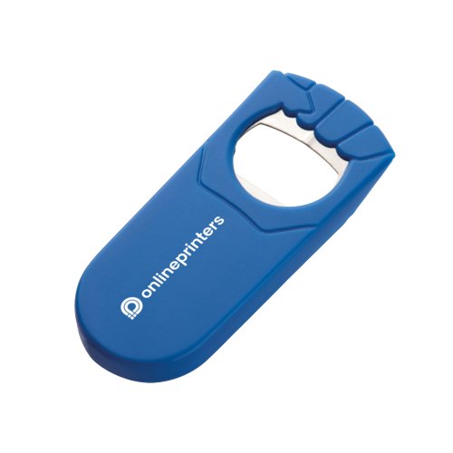 Blue plastic bottle opener with metal insert.