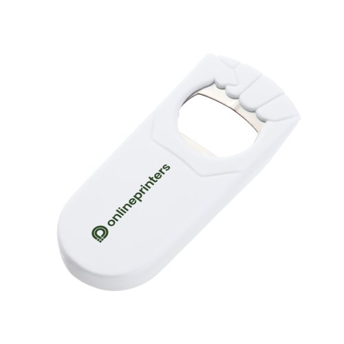 White plastic bottle opener with metal insert.