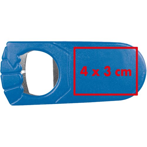Blue plastic bottle opener with metal insert.