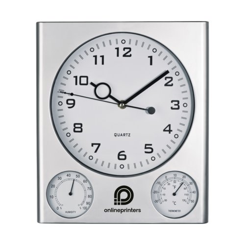 Silver plastic wall clock with analog display and thermometer/hygrometer.