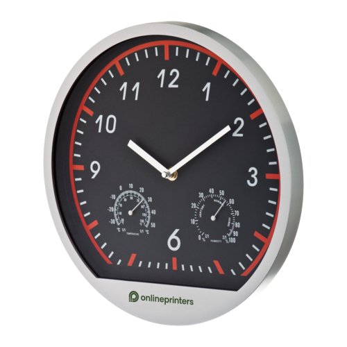 Wall clock with integrated thermometer and hygrometer.