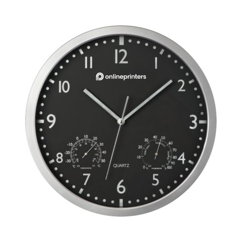Black wall clock with thermometer and hygrometer.