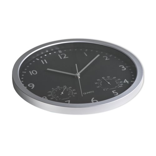 Black wall clock with hour, minute, and second hands.