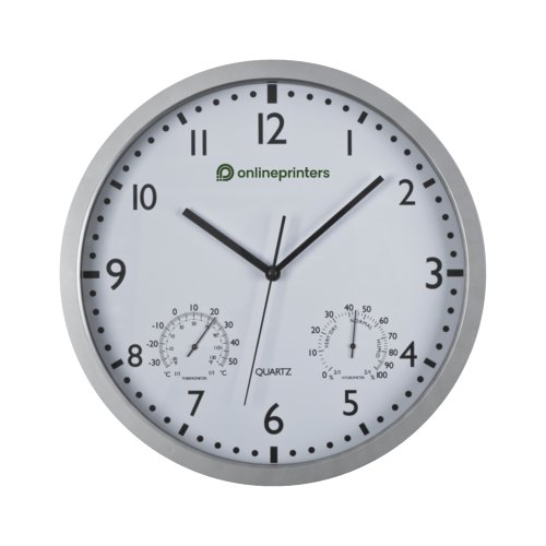 White wall clock with hour, minute and second hands.