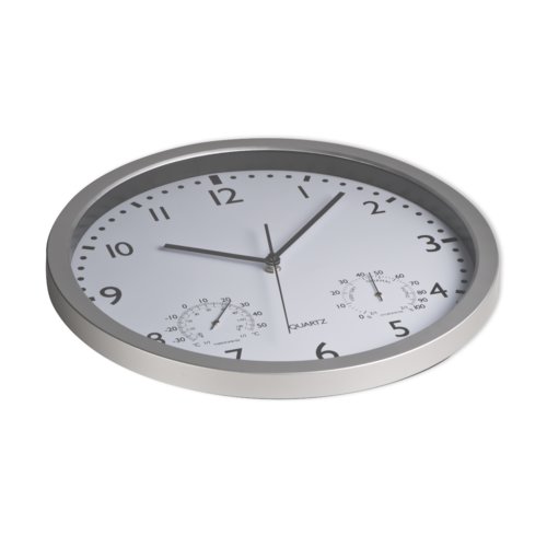White wall clock with silver frame and temperature display.