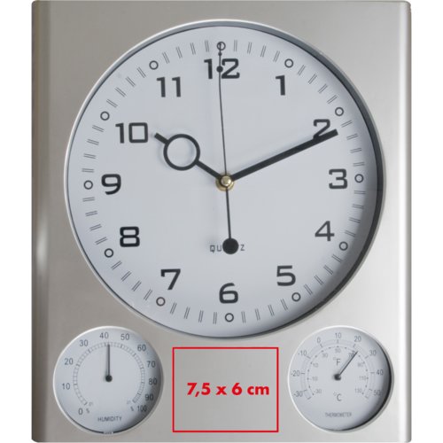 Silver plastic wall clock with thermometer and hygrometer.