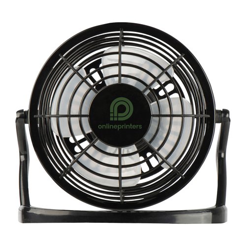 Black desk fan with adjustable tilt.