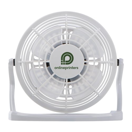 White plastic table fan with protective grill.