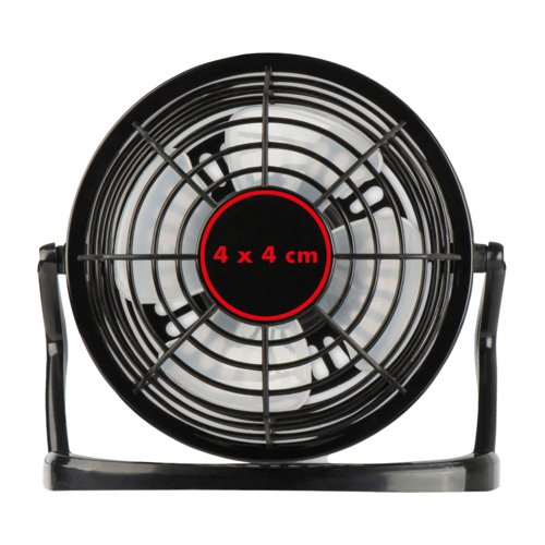 Black desk fan with adjustable tilt angle.