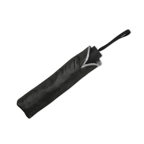 Black pocket umbrella with carrying loop.