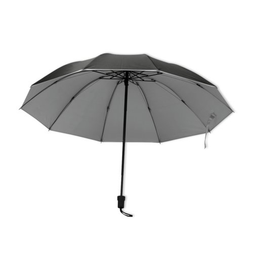 Gray fabric pocket umbrella with handle and opening mechanism.
