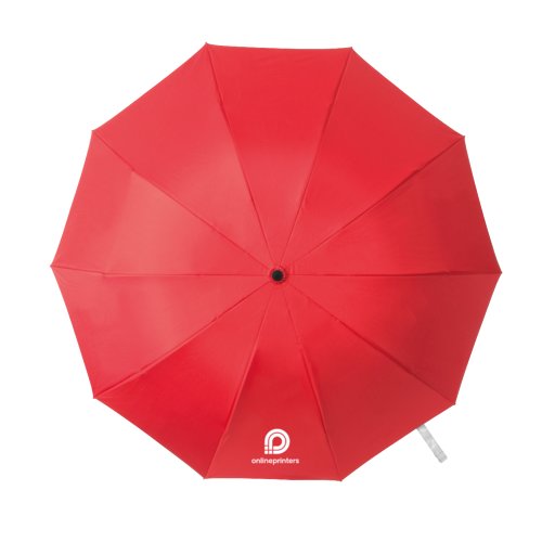 Red folding umbrella with cover and manual opening mechanism.