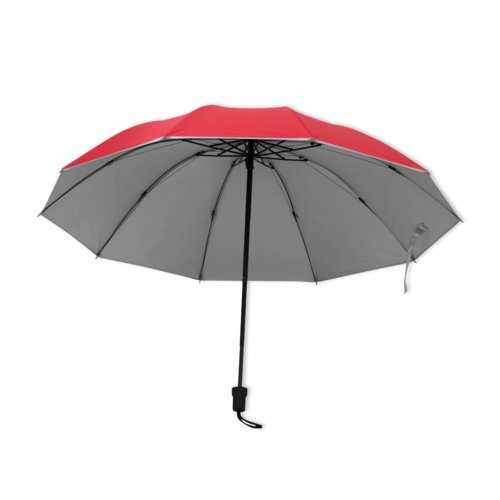 Red folding umbrella with cover and handle.