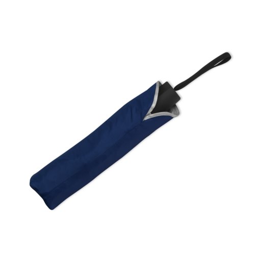 Dark blue pocket umbrella with carrying loop and protective cover.