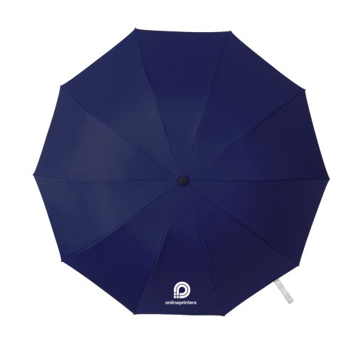 Dark blue pocket umbrella with cover and handle.