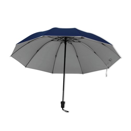 Dark blue pocket umbrella with manual opening mechanism.