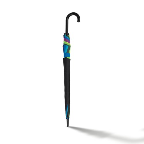 Black automatic umbrella with curved handle.