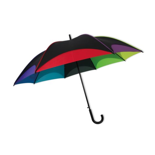 Multicolor automatic umbrella with curved handle.