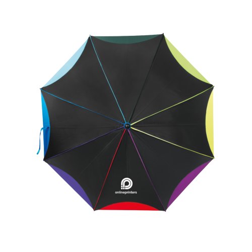 Multicolor automatic umbrella with cover and handle.