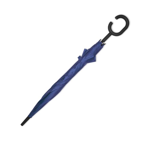 Blue umbrella with special handle.