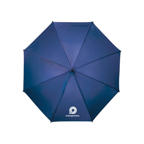 Blue umbrella with manual opening mechanism.
