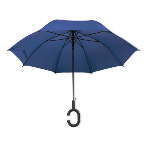 Blue umbrella with special handle.