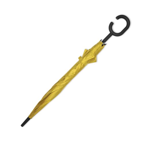 Yellow fabric umbrella with special handle.