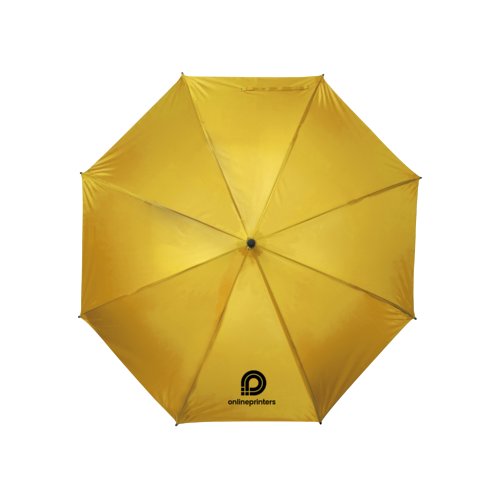 Yellow umbrella with stick handle and manual opening mechanism.