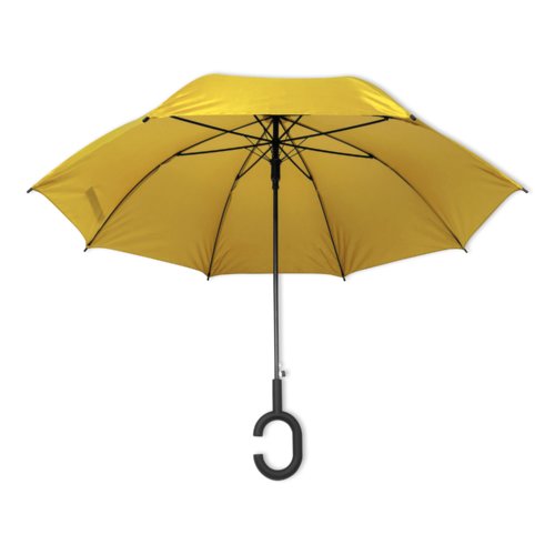 Yellow umbrella with special handle.