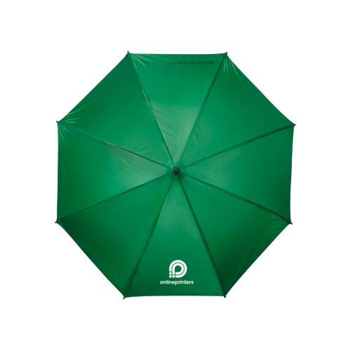Green umbrella with manual opening mechanism.