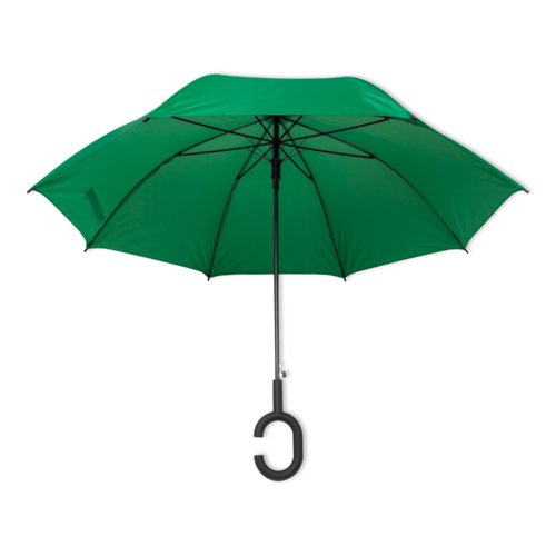 Green umbrella with special handle.