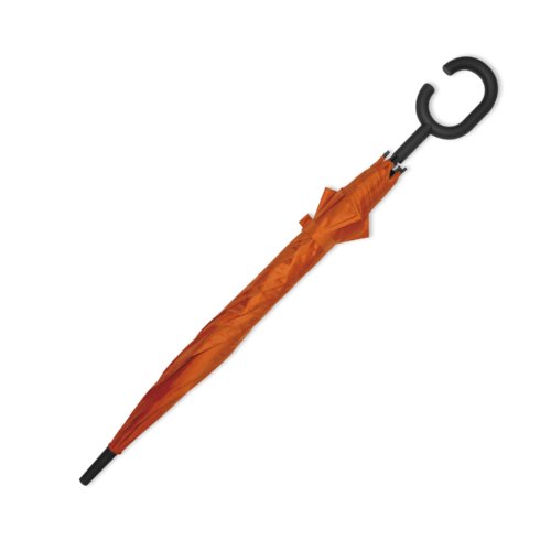 Orange umbrella with special handle.