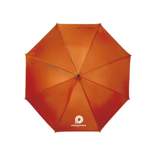 Orange umbrella with a manual opening mechanism.