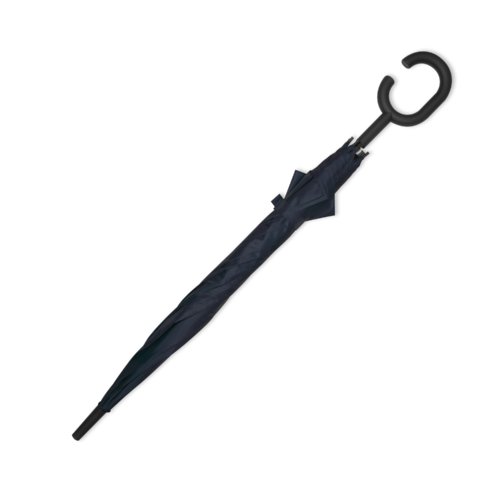 Dark blue umbrella with a special handle.