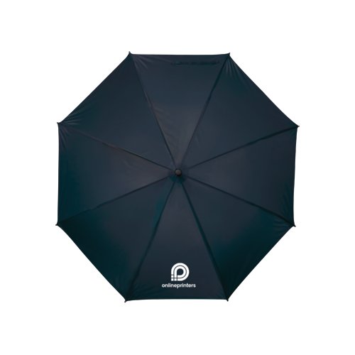 Dark blue umbrella with manual opening mechanism.