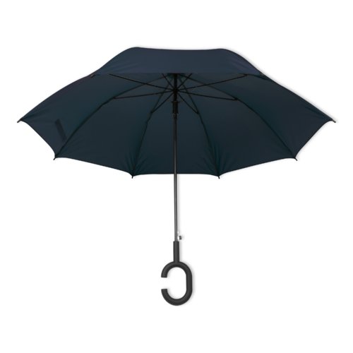 Dark blue umbrella with special handle.