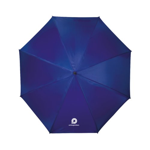 Blue umbrella with manual opening mechanism.