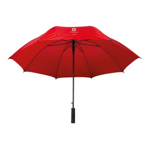 Red umbrella with a curved handle.