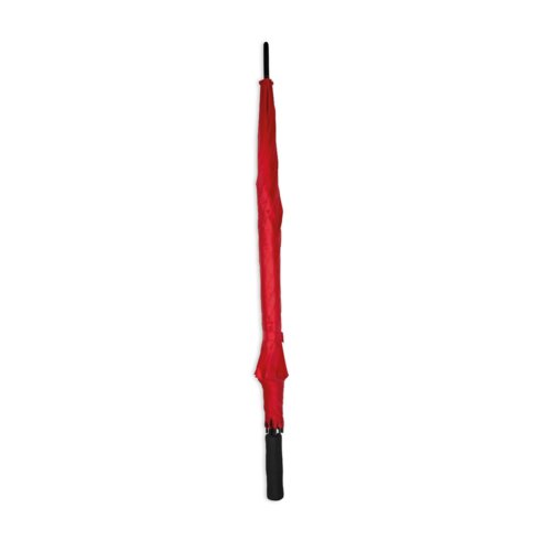 Red umbrella with manual opening mechanism.