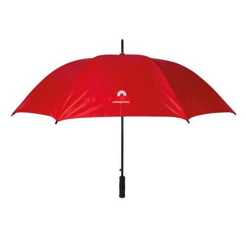 Large umbrella with curved handle.